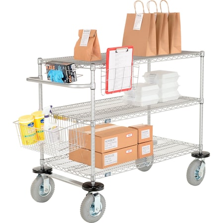 Chrome Curbside Cart W/3 Shelves & Pneumatic Casters, 54L X 24W X 43H